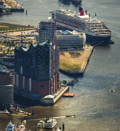 Elbphilharmonie with Hafencity, Speicherstadt, UNESCO World Heritage Site, cruise terminal, Unilever House cruise ship Queen Mary 2, Hamburg harbour, Elbe, Hamburg, Free and Hanseatic City of Hamburg, Germany, Europe, aerial view, birds-eyes view, aerial photography, aerial photography, overview, bird's eye view