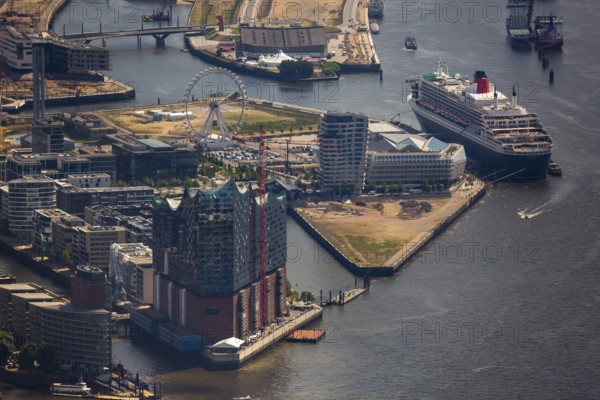 Elbphilharmonie with Hafencity, Speicherstadt, UNESCO World Heritage Site, cruise terminal, Unilever House cruise ship Queen Mary 2, Hamburg harbour, Elbe, Hamburg, Free and Hanseatic City of Hamburg, Germany, Europe, aerial view, birds-eyes view, aerial photography, aerial photography, overview, bird's eye view