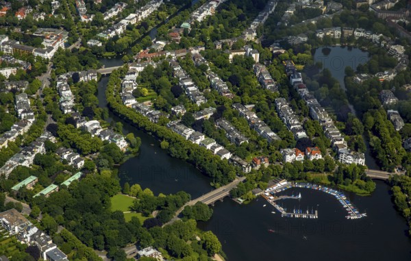 Outer Alster with villa quarter and marina distant view, Alster jetty Bobby Reich, Hamburg, Free and Hanseatic City of Hamburg, Germany, Europe, aerial view, birds-eyes view, aerial photography, aerial photography, overview, overview, bird's eye view