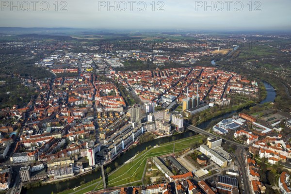 Linden-Nord district, perimeter block development, rivers Linum grandiflorum and Ihme, red tiled roofs, St.Benno church, Hanover, state capital, Lower Saxony, Germany, DE, Europe, aerial view, birds-eyes view, aerial photograph, aerial photography, aerial photography, overview, bird's eye view