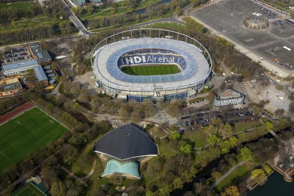 HDI Arena, HDI-Arena, Sportpark Hannover in der Calenberger Neustadt, Niedersachsenstadion, Hannover 96, Bundesliga stadium, Hannover, Lower Saxony, Germany, DE, Europe, aerial view, birds-eyes view, aerial photography, aerial photography, overview, bird's eye view