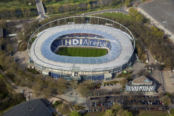 HDI Arena, HDI-Arena, Sportpark Hannover in der Calenberger Neustadt, Niedersachsenstadion, Hannover 96, Bundesliga stadium, Hannover, Lower Saxony, Germany, DE, Europe, aerial view, birds-eyes view, aerial photography, aerial photography, overview, bird's eye view