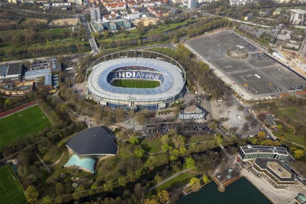 HDI Arena, HDI-Arena, Sportpark Hannover in der Calenberger Neustadt, Niedersachsenstadion, Hannover 96, Bundesliga stadium, Hannover, Lower Saxony, Germany, DE, Europe, aerial view, birds-eyes view, aerial photography, aerial photography, overview, bird's eye view