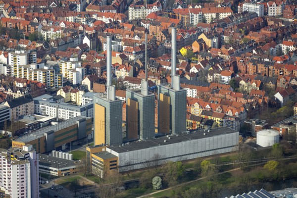 Linden thermal power station, The three warm brothers, Hanover natural gas power station, chimneys, Hanover, state capital, Lower Saxony, Germany, DE, Europe, aerial photograph, birds-eyes view, aerial photography, aerial photography, overview, overview, bird's eye view