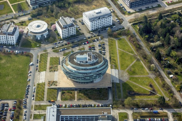 Office tower Heise headquarters in Hanover in spherical shape, Heise Medien GmbH & Co KG, Heise Media Service GmbH & Co. KG, special architecture, Hanover, state capital, Lower Saxony, Germany, DE, Europe, aerial view, birds-eyes view, aerial photography, aerial photography, overview, bird's-eye view