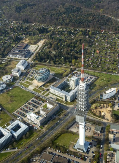Office tower Heise headquarters in Hanover in spherical shape, Heise Medien GmbH & Co KG, Heise Media Service GmbH & Co. KG, special architecture, Telemax, telecommunication tower in Hanover, radio transmission centre Hanover 9, Hanover, state capital, Lower Saxony, Germany, DE, Europe, aerial photo, birds-eyes view, aerial photography, aerial photography, overview, bird's eye view