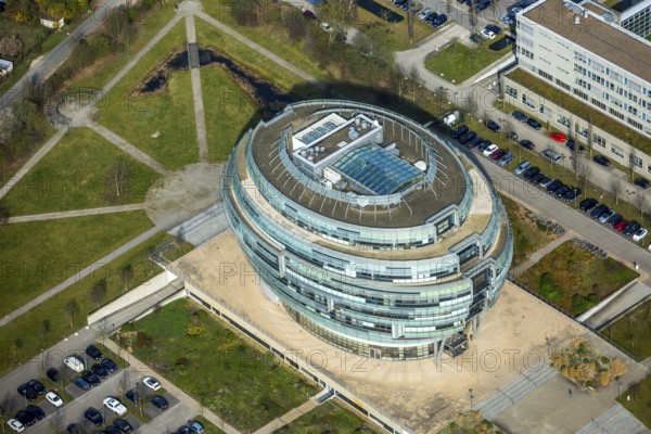 Office tower Heise headquarters in Hanover in spherical shape, Heise Medien GmbH & Co KG, Heise Media Service GmbH & Co. KG, special architecture, Hanover, state capital, Lower Saxony, Germany, DE, Europe, aerial view, birds-eyes view, aerial photography, aerial photography, overview, bird's-eye view