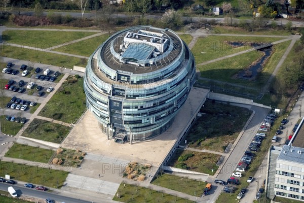 Office tower Heise headquarters in Hanover in spherical shape, Heise Medien GmbH & Co KG, Heise Media Service GmbH & Co. KG, special architecture, Hanover, state capital, Lower Saxony, Germany, DE, Europe, aerial view, birds-eyes view, aerial photography, aerial photography, overview, bird's-eye view