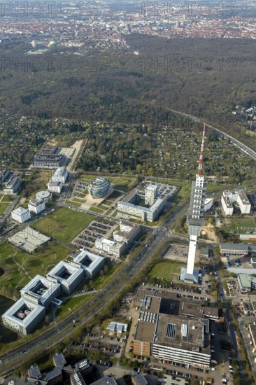 Office tower Heise headquarters in Hanover in spherical shape, Heise Medien GmbH & Co KG, Heise Media Service GmbH & Co. KG, special architecture, Telemax, telecommunication tower in Hanover, radio transmission centre Hanover 9, Hanover, state capital, Lower Saxony, Germany, DE, Europe, aerial photo, birds-eyes view, aerial photography, aerial photography, overview, bird's eye view