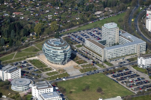 Office tower Heise headquarters in Hanover in spherical shape, Heise Medien GmbH & Co KG, Heise Media Service GmbH & Co. KG, special architecture, Hanover, state capital, Lower Saxony, Germany, DE, Europe, aerial view, birds-eyes view, aerial photography, aerial photography, overview, bird's-eye view