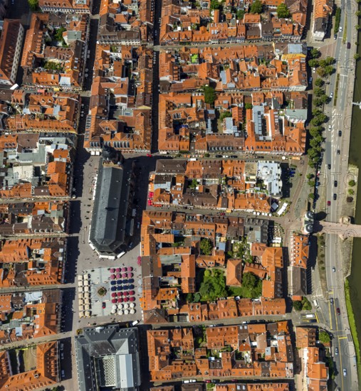 Heiliggeistkirche in Heidelberg Old Town with Old Bridge and Tor tor of the Old Bridge, Neckar, Heidelberg, Rhein-Neckar-Kreis, Baden-Württemberg, Germany, Europe, aerial view, birds-eyes view, aerial photography, aerial photography, overview, bird's eye view