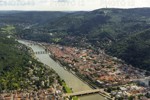 Overview of Heidelberg, Heiliggeistkirche in Heidelberg Old Town with Old Bridge and Tor tor of the Old Bridge, Neckar, Heidelberg, Rhein-Neckar-Kreis, Baden-Württemberg, Germany, Europe, aerial view, birds-eyes view, aerial photograph, aerial photography, aerial photography, overview, bird's eye view