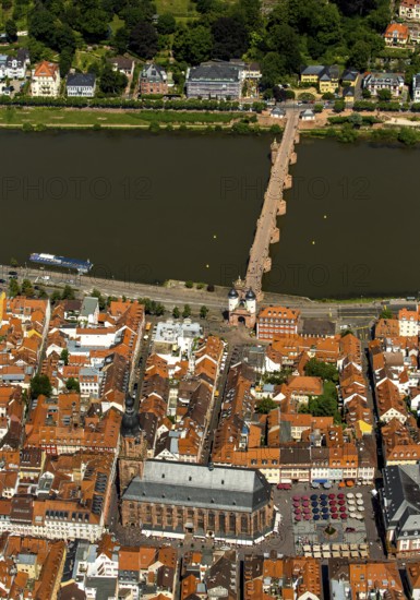 Heiliggeistkirche in Heidelberg Old Town with Old Bridge and Tor tor of the Old Bridge, Neckar, Heidelberg, Rhein-Neckar-Kreis, Baden-Württemberg, Germany, Europe, aerial view, birds-eyes view, aerial photography, aerial photography, overview, bird's eye view