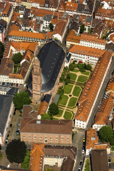 Jesuit Church, Parish Church of the Saint Spirit and St Ignatius, next to the University Square, Heidelberg, Rhine-Neckar District, Baden-Württemberg, Germany, Europe, aerial view, birds-eyes view, aerial photograph, aerial photography, aerial photography, overview, bird's eye view