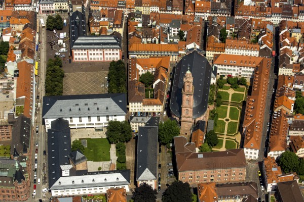 Jesuit Church, Parish Church of the Saint Spirit and St Ignatius, next to the University Square, Heidelberg, Rhine-Neckar District, Baden-Württemberg, Germany, Europe, aerial view, birds-eyes view, aerial photograph, aerial photography, aerial photography, overview, bird's eye view