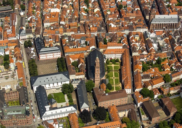 Jesuit Church, Parish Church of the Saint Spirit and St Ignatius, next to the University Square, Heidelberg, Rhine-Neckar District, Baden-Württemberg, Germany, Europe, aerial view, birds-eyes view, aerial photograph, aerial photography, aerial photography, overview, bird's eye view