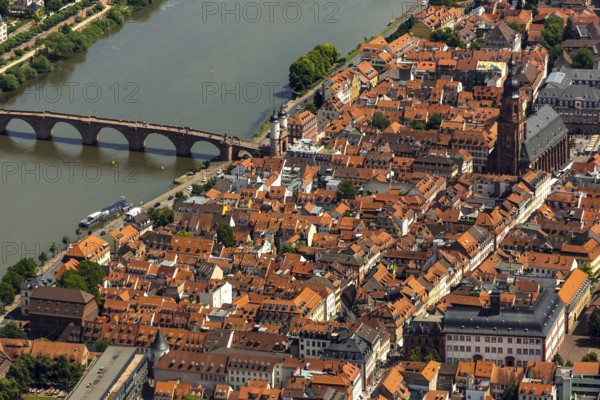 Heiliggeistkirche in Heidelberg Old Town with Old Bridge and Tor tor of the Old Bridge, Neckar, Heidelberg, Rhein-Neckar-Kreis, Baden-Württemberg, Germany, Europe, aerial view, birds-eyes view, aerial photography, aerial photography, overview, bird's eye view