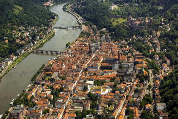Heiliggeistkirche in Heidelberg Old Town with Old Bridge and Tor tor of the Old Bridge, Neckar, Heidelberg, Rhein-Neckar-Kreis, Baden-Württemberg, Germany, Europe, aerial view, birds-eyes view, aerial photography, aerial photography, overview, bird's eye view