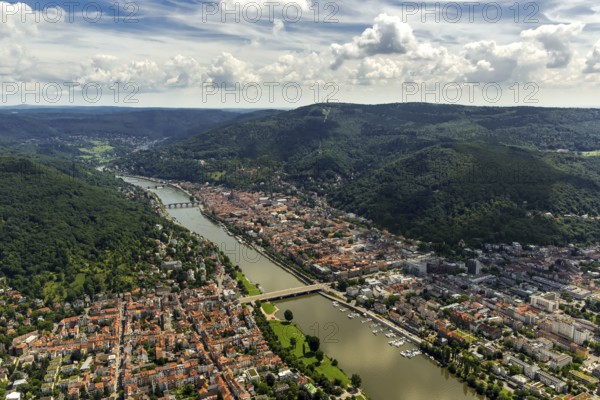 Overview of Heidelberg, Heiliggeistkirche in Heidelberg Old Town with Old Bridge and Tor tor of the Old Bridge, Neckar, Heidelberg, Rhein-Neckar-Kreis, Baden-Württemberg, Germany, Europe, aerial view, birds-eyes view, aerial photograph, aerial photography, aerial photography, overview, bird's eye view