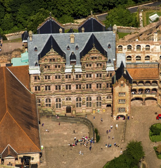 Heidelberg Castle, Heidelberg Castle, Heidelberg Castle Ruins, Friedrichsbau, Heidelberg, Rhein-Neckar-Kreis, Baden-Württemberg, Germany, Europe, aerial view, birds-eyes view, aerial photography, aerial photography, overview, bird's eye view
