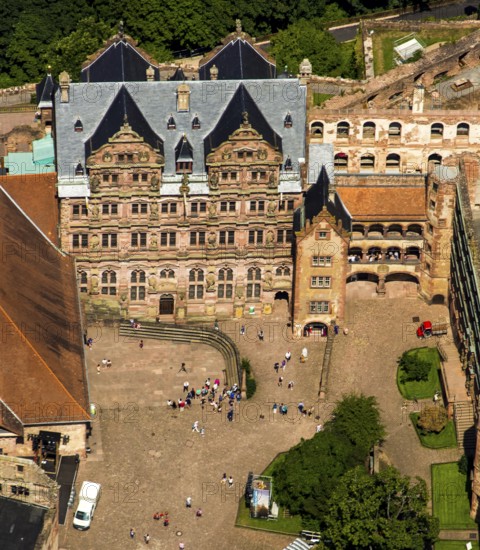 Heidelberg Castle, Heidelberg Castle, Heidelberg Castle Ruins, Friedrichsbau, Heidelberg, Rhein-Neckar-Kreis, Baden-Württemberg, Germany, Europe, aerial view, birds-eyes view, aerial photography, aerial photography, overview, bird's eye view