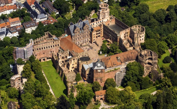 Heidelberg Castle, Heidelberg Castle, Heidelberg Castle Ruins, Heidelberg, Rhein-Neckar-Kreis, Baden-Württemberg, Germany, Europe, aerial view, birds-eyes view, aerial photography, aerial photography, overview, overview, bird's eye view