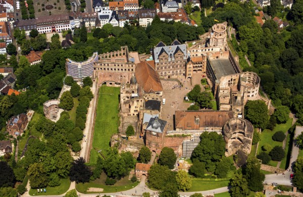Heidelberg Castle, Heidelberg Castle, Heidelberg Castle Ruins, Heidelberg, Rhein-Neckar-Kreis, Baden-Württemberg, Germany, Europe, aerial view, birds-eyes view, aerial photography, aerial photography, overview, overview, bird's eye view