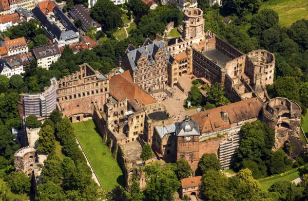 Heidelberg Castle, Heidelberg Castle, Heidelberg Castle Ruins, Heidelberg, Rhein-Neckar-Kreis, Baden-Württemberg, Germany, Europe, aerial view, birds-eyes view, aerial photography, aerial photography, overview, overview, bird's eye view