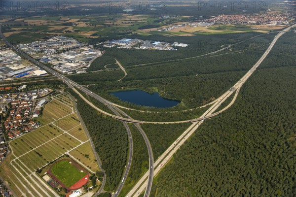 Motorway junction Hockenheim A6 and A61, Hockenheim, Baden-Württemberg, Germany, Europe, aerial photo, birds-eyes view, aerial photography, aerial photography, overview, bird's eye view