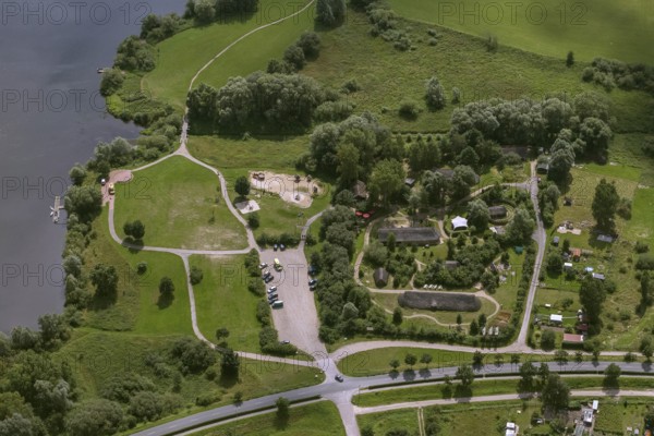Archaeological Centre Hitzacker, residential barns, longhouses, mortuary hut, pit house, open-air museum, Bronze Age settlement, Hitzacker (Elbe), district Lüchow-Dannenberg, Elbtalaue, Elbe valley, Lower Saxony, Germany, Europe, aerial view, birds-eyes view, aerial photography, aerial photography, overview, bird's eye view