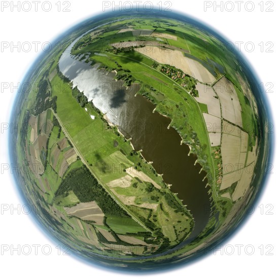 Elbe valley, fields, groynes, river course, fisheye lens, round picture, Hitzacker (Elbe), district Lüchow-Dannenberg, Elbtalaue, Elbe valley, Lower Saxony, Germany, Europe, Damnatz, aerial photo, birds-eyes view, aerial photograph, aerial photography, aerial photography, overview, bird's eye view
