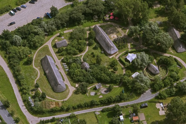 Archaeological Centre Hitzacker, residential barns, longhouses, mortuary hut, pit house, open-air museum, Bronze Age settlement, Hitzacker (Elbe), district Lüchow-Dannenberg, Elbtalaue, Elbe valley, Lower Saxony, Germany, Europe, aerial view, birds-eyes view, aerial photography, aerial photography, overview, bird's eye view