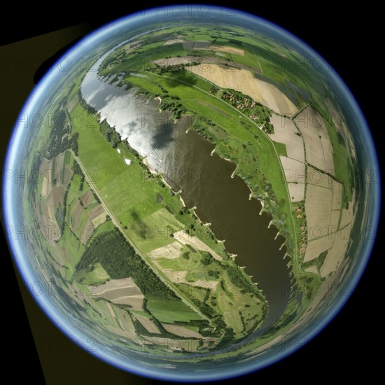 Elbe valley, fields, groynes, river course, fisheye lens, round picture, Hitzacker (Elbe), district Lüchow-Dannenberg, Elbtalaue, Elbe valley, Lower Saxony, Germany, Europe, Damnatz, aerial photo, birds-eyes view, aerial photograph, aerial photography, aerial photography, overview, bird's eye view