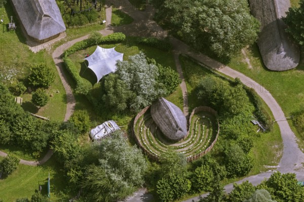 Archaeological Centre Hitzacker, residential barns, longhouses, mortuary hut, pit house, open-air museum, Bronze Age settlement, Hitzacker (Elbe), district Lüchow-Dannenberg, Elbtalaue, Elbe valley, Lower Saxony, Germany, Europe, aerial view, birds-eyes view, aerial photography, aerial photography, overview, bird's eye view