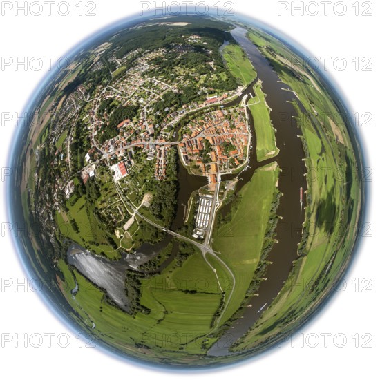 Old town, Elbe, Jeetzel, fisheye lens, round picture, Hitzacker (Elbe), district Lüchow-Dannenberg, Elbtalaue, Elbe valley, Lower Saxony, Germany, Europe, aerial view, birds-eyes view, aerial photography, aerial photography, overview, bird's eye view