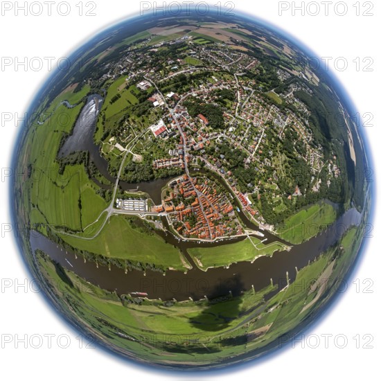 Old town, Elbe, Jeetzel, fisheye lens, round picture, Hitzacker (Elbe), district Lüchow-Dannenberg, Elbtalaue, Elbe valley, Lower Saxony, Germany, Europe, aerial view, birds-eyes view, aerial photography, aerial photography, overview, bird's eye view