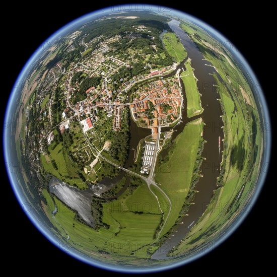 Old town, Elbe, Jeetzel, fisheye lens, round picture, Hitzacker (Elbe), district Lüchow-Dannenberg, Elbtalaue, Elbe valley, Lower Saxony, Germany, Europe, aerial view, birds-eyes view, aerial photography, aerial photography, overview, bird's eye view