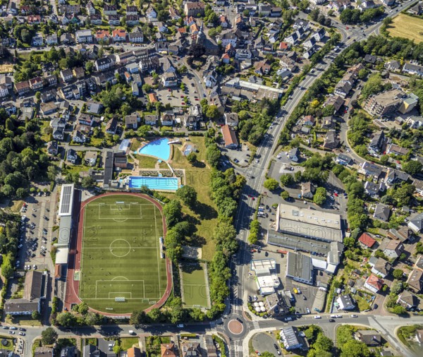 Aerial view, Baumhofstadion, outdoor swimming pool Sprockhövel, Niedersprockhövel, Sprockhövel, Ruhr area, North Rhine-Westphalia, Germany, bathing establishment, bathing resort, Corona measures, DE, Ennepe-Ruhr district, Europe, outdoor swimming pool, leisure, football pitch, football stadium, aerial view, aerial photography, aerial photography, swimming pool, swimming pool, sports, sports facilities, sports field, sports facility, training sessions, training grounds, overview, bird's eye view, birds-eyes view, overview, swimming