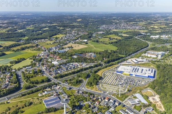 Aerial view, IKEA store Wuppertal, Nächstebreck, Wuppertal, Ruhr area, North Rhine-Westphalia, Germany, DE, shopping, shopping centre, shopping mall, Ennepe-Ruhr-Kreis, Europe, aerial view, aerial photography, aerial photography, furniture shop, furniture store, parking, Schmiedestraße, overview, bird's-eye view, overview