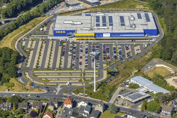 Aerial view, IKEA store Wuppertal, Nächstebreck, Wuppertal, Ruhr area, North Rhine-Westphalia, Germany, DE, shopping, shopping centre, shopping mall, Ennepe-Ruhr-Kreis, Europe, aerial view, aerial photography, aerial photography, furniture shop, furniture store, parking, Schmiedestraße, overview, bird's-eye view, overview