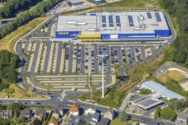 Aerial view, IKEA store Wuppertal, Nächstebreck, Wuppertal, Ruhr area, North Rhine-Westphalia, Germany, DE, shopping, shopping centre, shopping mall, Ennepe-Ruhr-Kreis, Europe, aerial view, aerial photography, aerial photography, furniture shop, furniture store, parking, Schmiedestraße, overview, bird's-eye view, overview