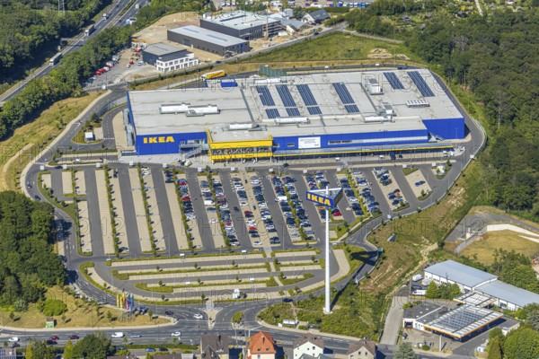 Aerial view, IKEA store Wuppertal, Nächstebreck, Wuppertal, Ruhr area, North Rhine-Westphalia, Germany, DE, shopping, shopping centre, shopping mall, Ennepe-Ruhr-Kreis, Europe, aerial view, aerial photography, aerial photography, furniture shop, furniture store, parking, Schmiedestraße, overview, bird's-eye view, overview