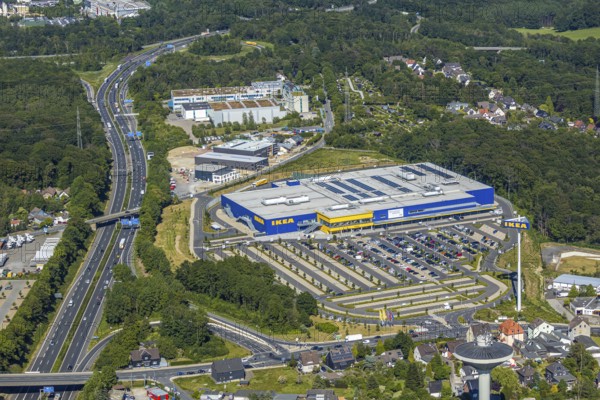 Aerial view, IKEA store Wuppertal, Nächstebreck, Wuppertal, Ruhr area, North Rhine-Westphalia, Germany, DE, shopping, shopping centre, shopping mall, Ennepe-Ruhr-Kreis, Europe, aerial view, aerial photography, aerial photography, furniture shop, furniture store, parking, Schmiedestraße, overview, bird's-eye view, overview