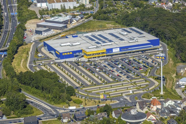 Aerial view, IKEA store Wuppertal, Nächstebreck, Wuppertal, Ruhr area, North Rhine-Westphalia, Germany, DE, shopping, shopping centre, shopping mall, Ennepe-Ruhr-Kreis, Europe, aerial view, aerial photography, aerial photography, furniture shop, furniture store, parking, Schmiedestraße, overview, bird's-eye view, overview