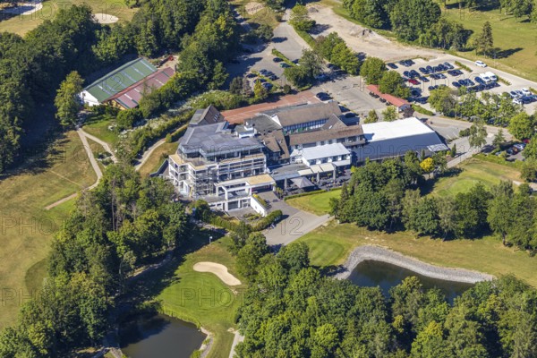 Aerial photo, golf house construction site Golfclub Felderbach Sprockhövel e.V., Sprockhövel, Ruhr area, North Rhine-Westphalia, Germany, construction work, construction project, construction site, DE, Ennepe-Ruhr-Kreis, Europe, golf, golf course, golf club, aerial photo, aerial photography, aerial photography, sports, overview, bird's eye view, birds-eyes view, overview