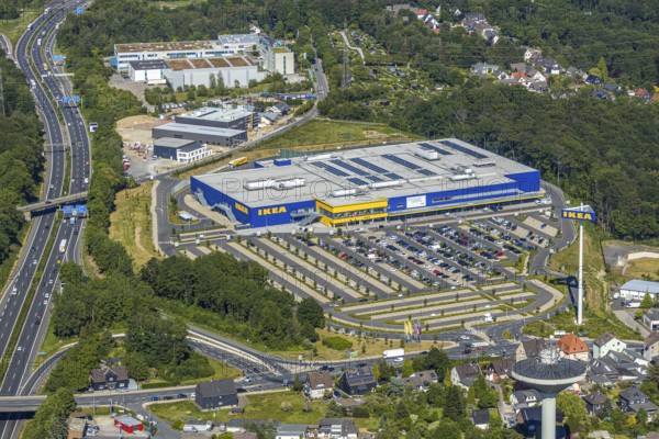 Aerial view, IKEA store Wuppertal, Nächstebreck, Wuppertal, Ruhr area, North Rhine-Westphalia, Germany, DE, shopping, shopping centre, shopping mall, Ennepe-Ruhr-Kreis, Europe, aerial view, aerial photography, aerial photography, furniture shop, furniture store, parking, Schmiedestraße, overview, bird's-eye view, overview