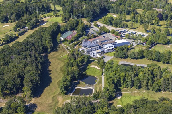Aerial photo, golf house construction site Golfclub Felderbach Sprockhövel e.V., Sprockhövel, Ruhr area, North Rhine-Westphalia, Germany, construction work, construction project, construction site, DE, Ennepe-Ruhr-Kreis, Europe, golf, golf course, golf club, aerial photo, aerial photography, aerial photography, sports, overview, bird's eye view, birds-eyes view, overview