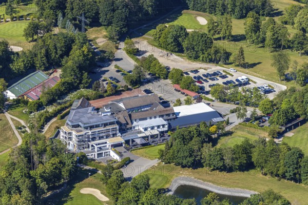 Aerial photo, golf house construction site Golfclub Felderbach Sprockhövel e.V., Sprockhövel, Ruhr area, North Rhine-Westphalia, Germany, construction work, construction project, construction site, DE, Ennepe-Ruhr-Kreis, Europe, golf, golf course, golf club, aerial photo, aerial photography, aerial photography, sports, overview, bird's eye view, birds-eyes view, overview