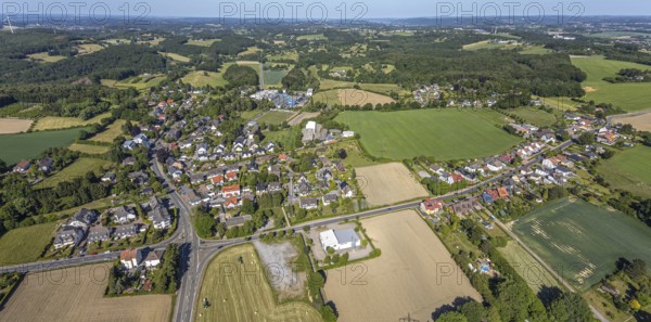 Aerial view, crossroads in Herzkamp, Evangelical Church Herzkamp, Sprockhövel, Ruhr area, North Rhine-Westphalia, Germany, place of worship, DE, Ennepe-Ruhr district, Europe, religious community, place of worship, church, parish, denomination, aerial photograph, aerial photography, aerial photography, road traffic, overview, traffic, traffic volume, bird's eye view, birds-eyes view, overview