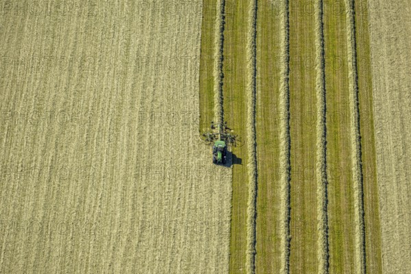 Aerial view, agricultural area, tractor mowing meadow, Gennebreck, Sprockhövel, Ruhr area, North Rhine-Westphalia, Germany, DE, Ennepe-Ruhr-Kreis, Europe, agriculture, agricultural fields, agricultural business, farm, aerial view, aerial photography, aerial photography, tractor, overview, bird's eye view, meadows and fields, birds-eyes view, overview